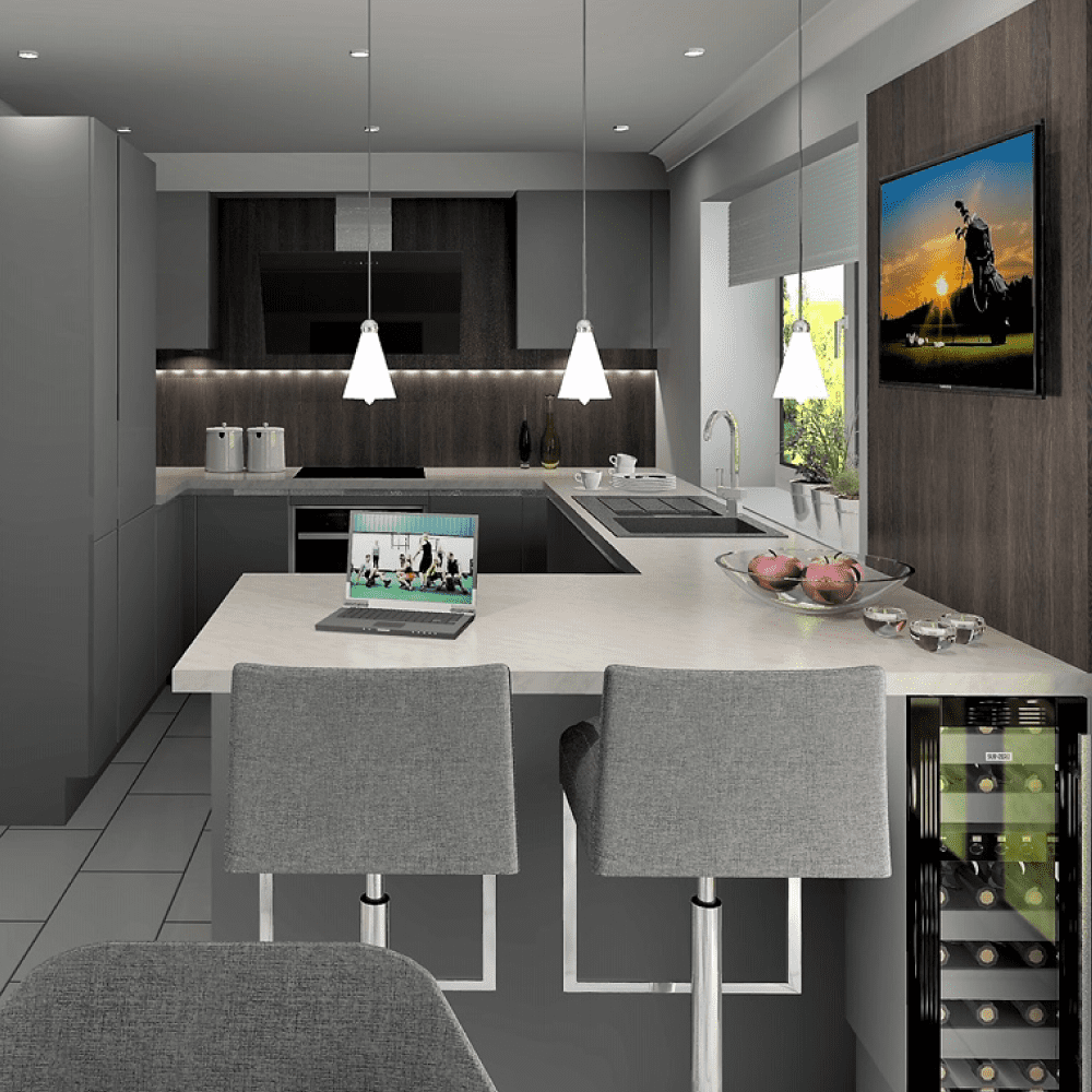 A contemporary cutting-edge kitchen for a DJ