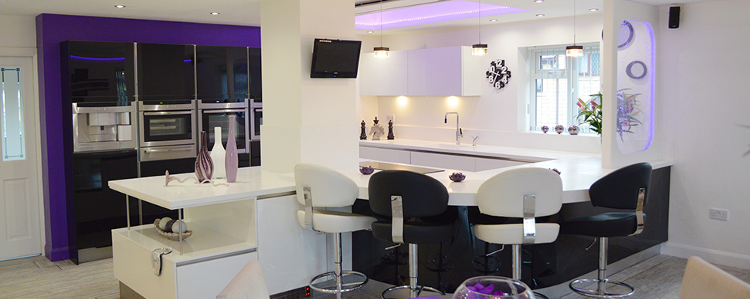 purple and white designer kitchen with bubble wall
